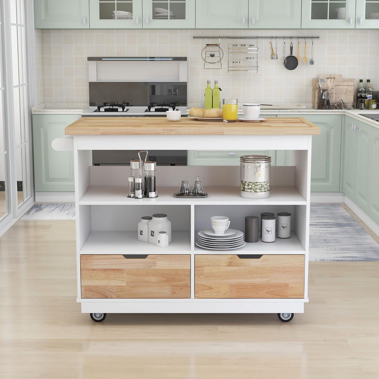 Rolling Kitchen Island with Storage, Two-Sided Kitchen Island Cart on Wheels with RubberWood Top,Wine and Spice Rack, Large Kitchen Cart with 2 Drawers, 3 Open Compartments, White