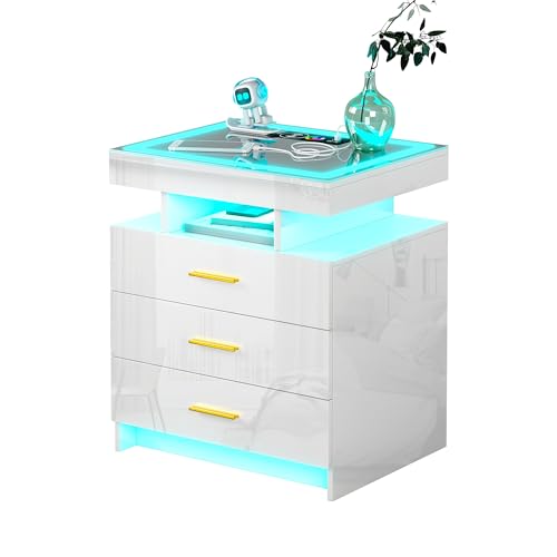 HNEBC LED Nightstand with Wireless Charging Station, 3 Drawers, Black S73582