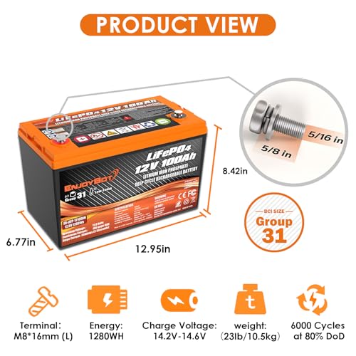 Enjoybot 12V 100Ah LiFePO4 Battery with 100A BMS, Group 31, Low Temp Cut Off A722