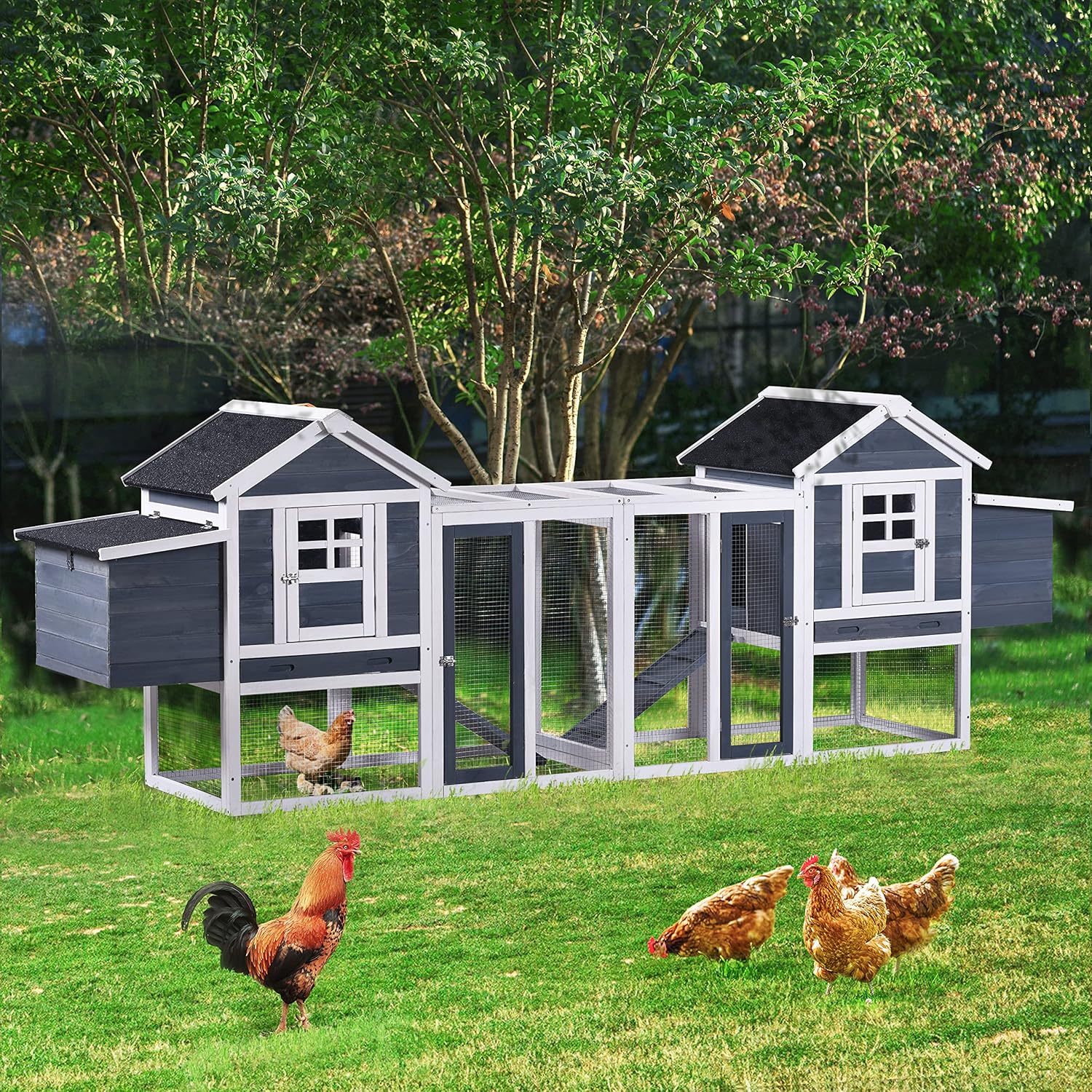 123.6" Chicken Coop Hen House Poultry Cage for 6 Chickens Wooden Rabbit Hutch Small Animal House with Nesting Boxes, 2 Run Play Area, Ramps, Waterproof Roof & Pull Out Tray