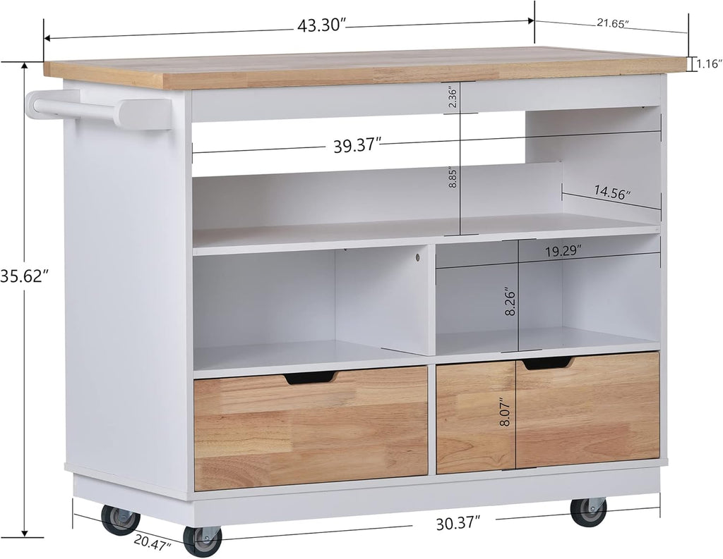 Rolling Kitchen Island Cart with Storage, Rubberwood Top, White U170114