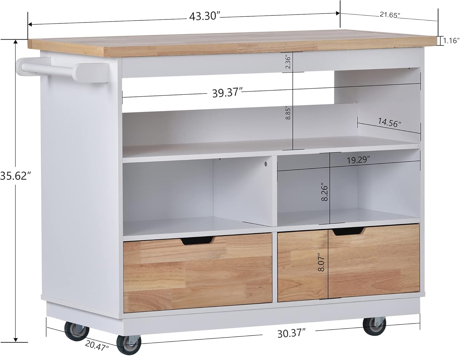 Rolling Kitchen Island Cart with Storage, Rubberwood Top, White U170114