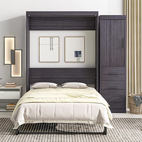 Queen Size Murphy Bed with Shelf, Wooden Wall Bed with Desk, White X891087