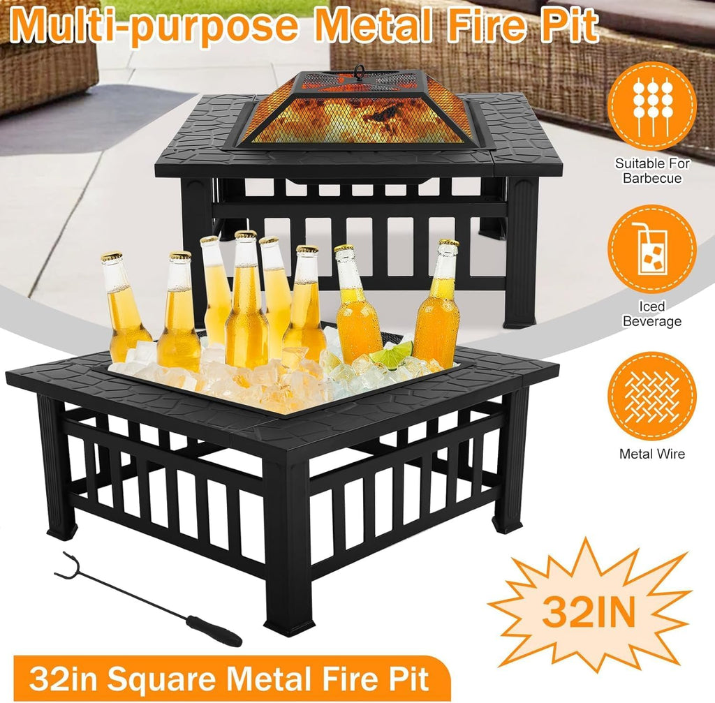 Bigacc Outdoor Fire Pit Wood 32in Square Metal BBQ Firepit Stove, Black P109