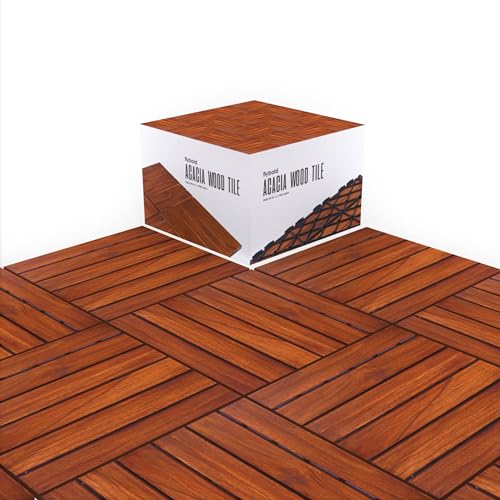 Flybold Interlocking Deck andFlooring Tiles - Teak Wood Outdoor Flooring - 12" x 12" Weather Resistant, UV Protected and Anti-Slip Patio Pavers for Backyard, Balcony, and Pool Area - Pack of 10
