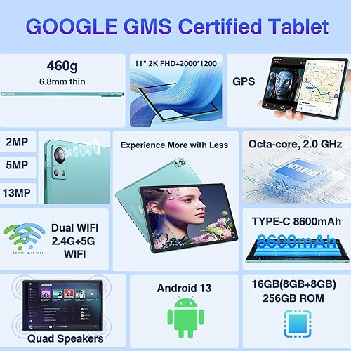 Android 13 Tablet 16GB+256GB 11 inch 2K Display Blue with Case L71180