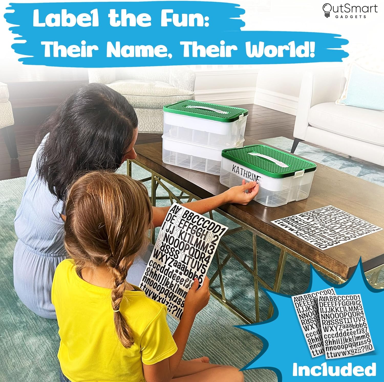 Plastic Stackable Toy Storage Organizer Bin with Adjustable Compartments, ABC Stickers and 2 Lids Included V1011
