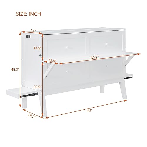 Queen Size Murphy Bed with Bookcase, Foldable Wood Frame with Storage Drawer, White D94283
