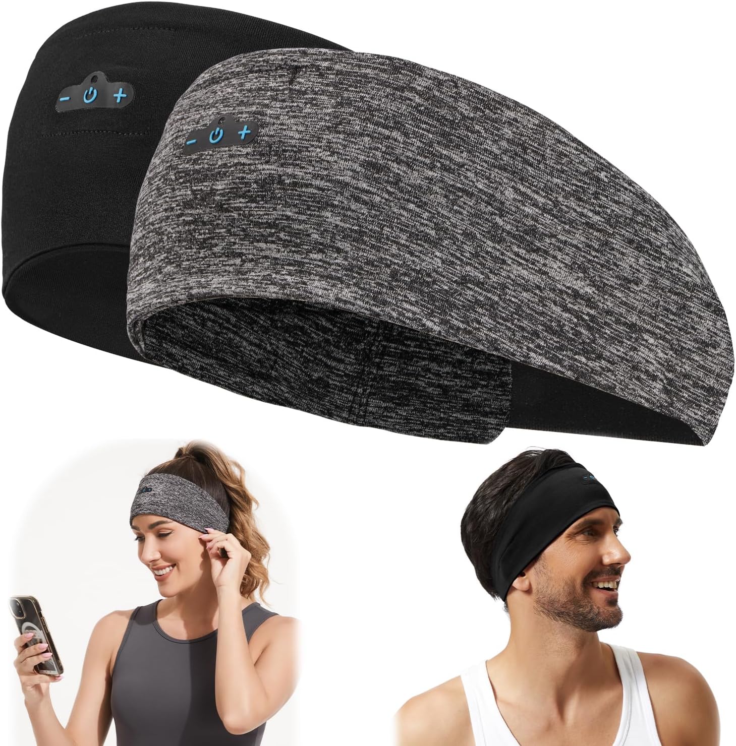 Bluetooth Headband, Bluetooth 5.2 Sleep Headphones,12 Hours Play Time,HD Stereo, Built-in Microphone, Workout, Running, Sports, Men/Women Gift.(1xBlack,1xGrey