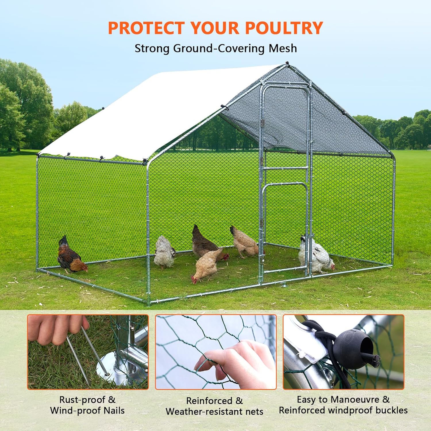 Large Metal Chicken Coop Walk-in Poultry Cage with Water-Resistant Anti-UV Cover Z17130