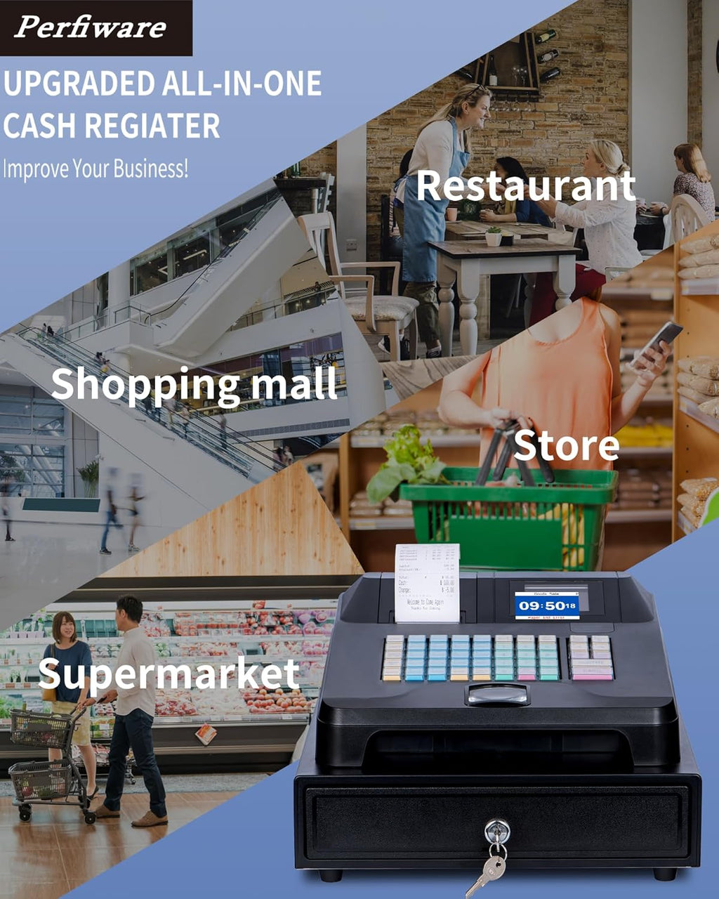 Cash Register with Cash Drawer and Built-In Receipt Printer for Small Business U8126