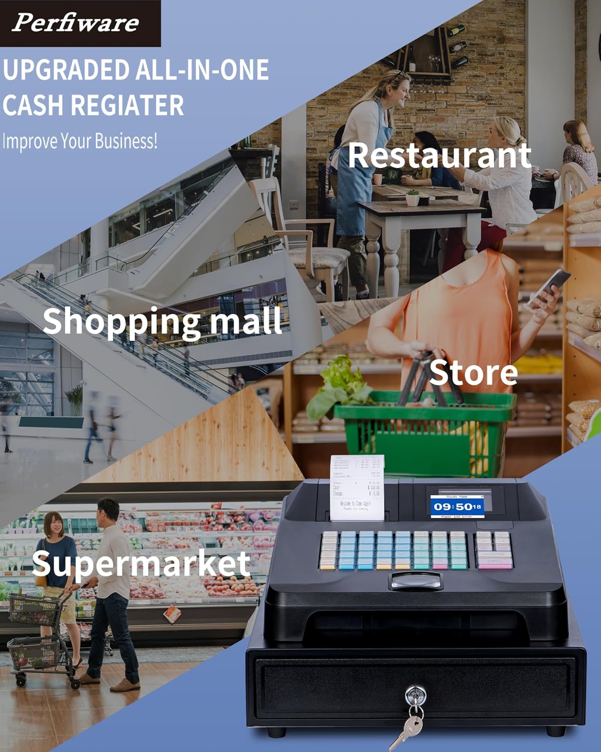 Cash Register with Cash Drawer and Built-In Receipt Printer for Small Business U8126