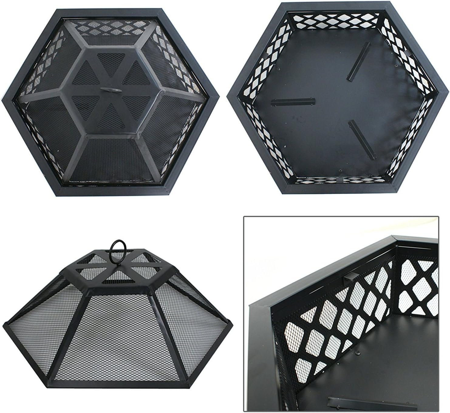 ZENY 24" Outdoor Fire Pit Wood Burning Steel Hex Bowl with Screen I10474
