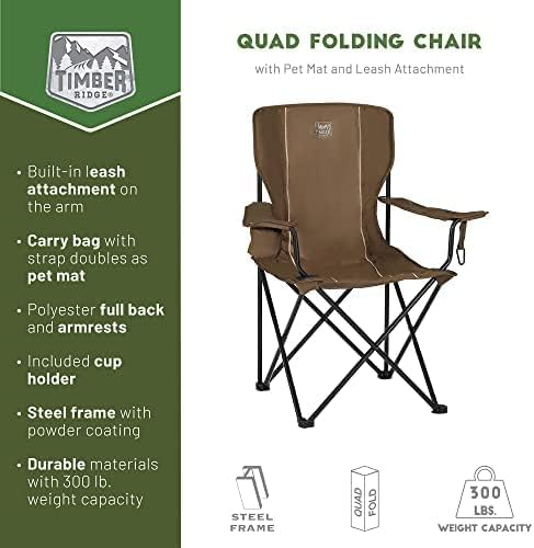 TIMBER RIDGE Collapsible Chair with Armrests, Cup Holder & Carry Mat, Earth Brown P53189