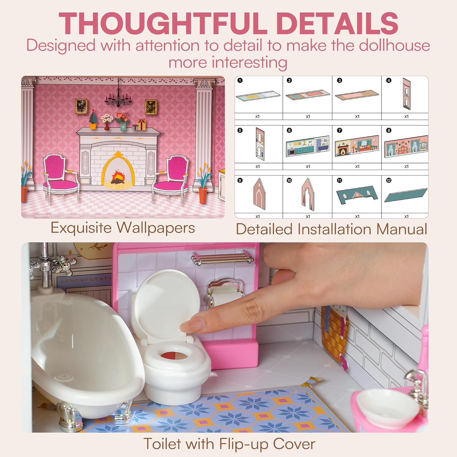 ROBUD Wooden Dollhouse Playset with 24 PCS Furniture for Kids G8520