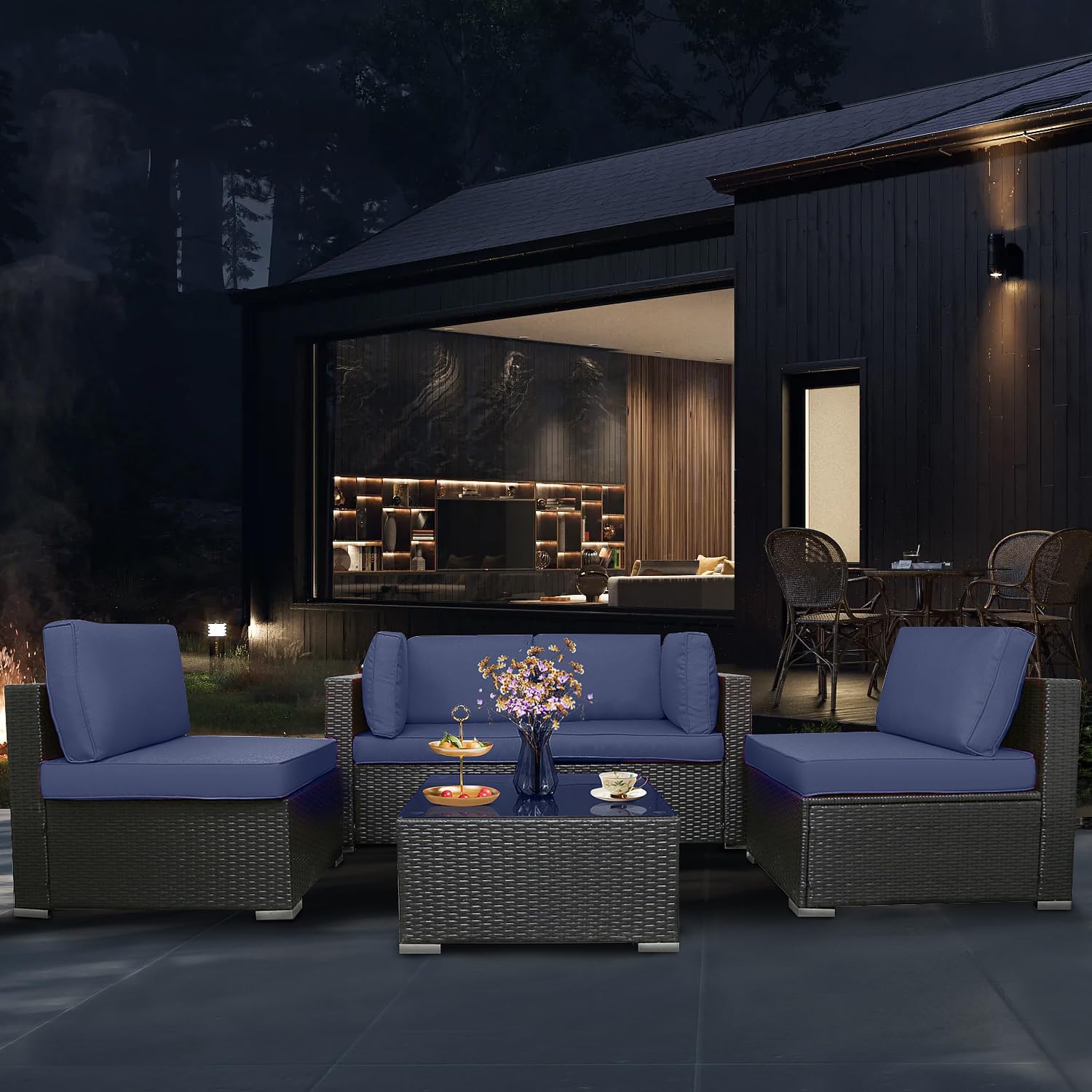 Wicker Patio Blue Furniture Sets 5 Piece Outdoor Sectional Rattan Sofa Set, Conversation Sets Patio Furniture with Cushions and 1 Tempered Glass Tea Table for Backyard Garden Balcony