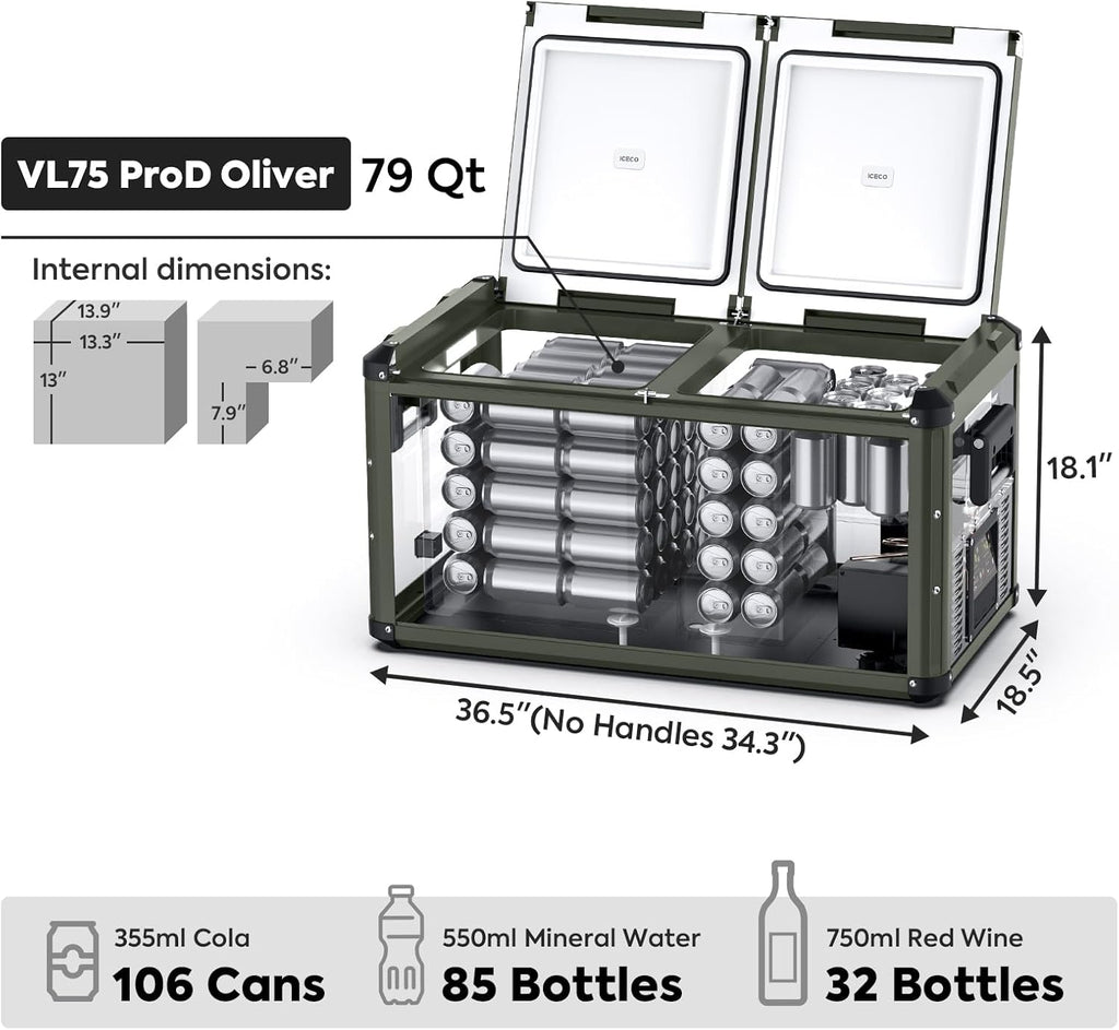 ICECO VL75ProD Portable Refrigerator, Dual Zone 12V Car Fridge Freezer V422021