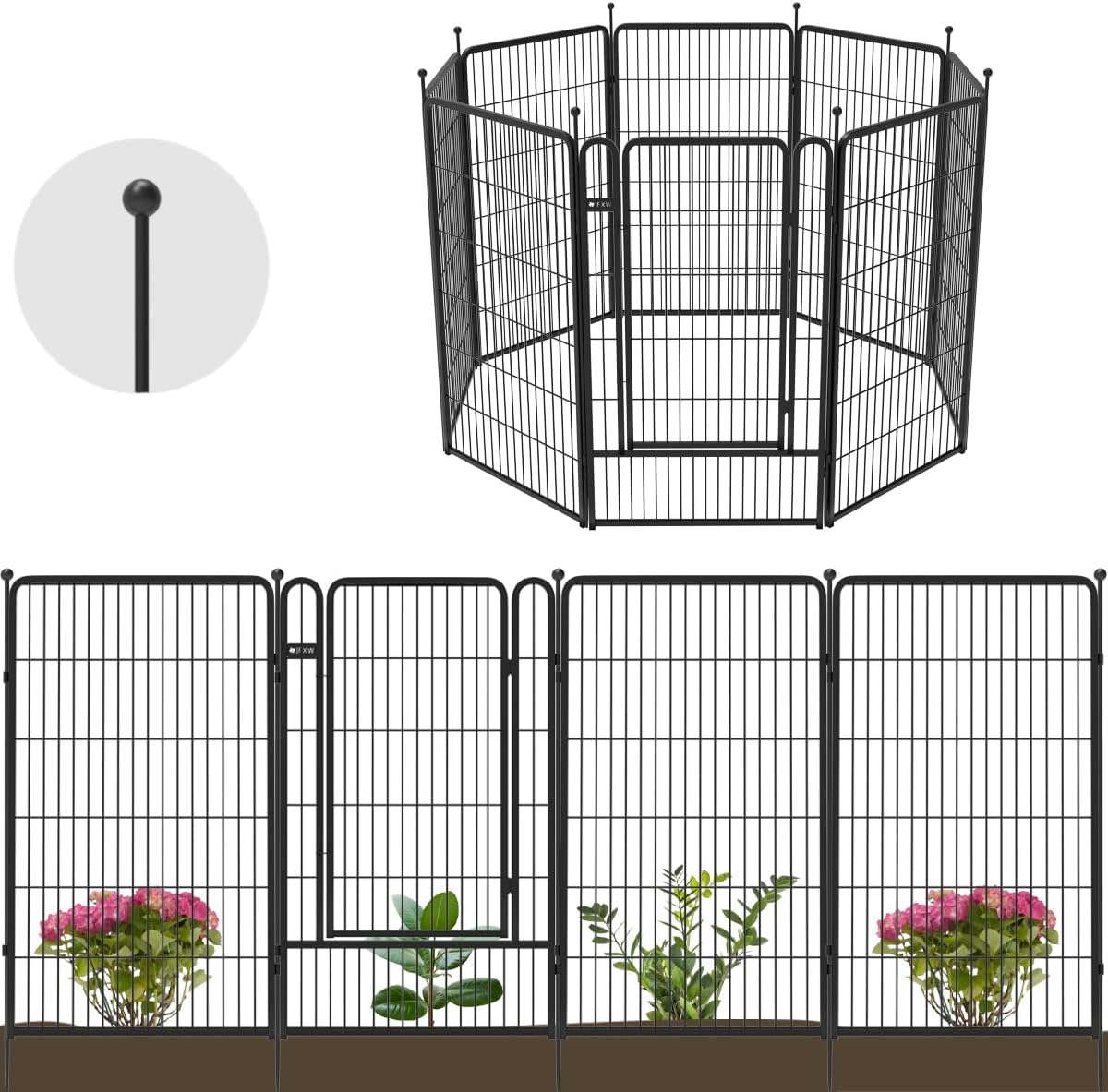 FXW Decorative Garden Metal Fence Temporary Animal Barrier for Yard, 7 Panels+1 Gate, 20'(L)×50"(H), Black