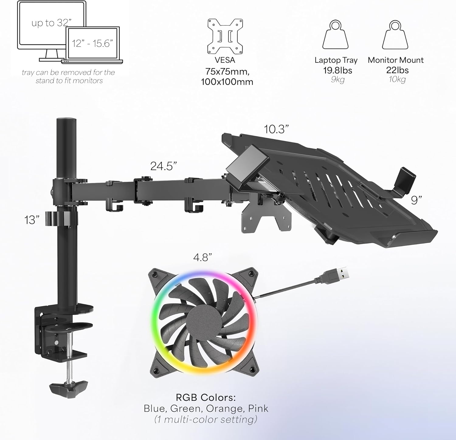 VIVO Adjustable 12-15.6 inch Laptop Desk Mount Stand with RGB Fan, Black L574632