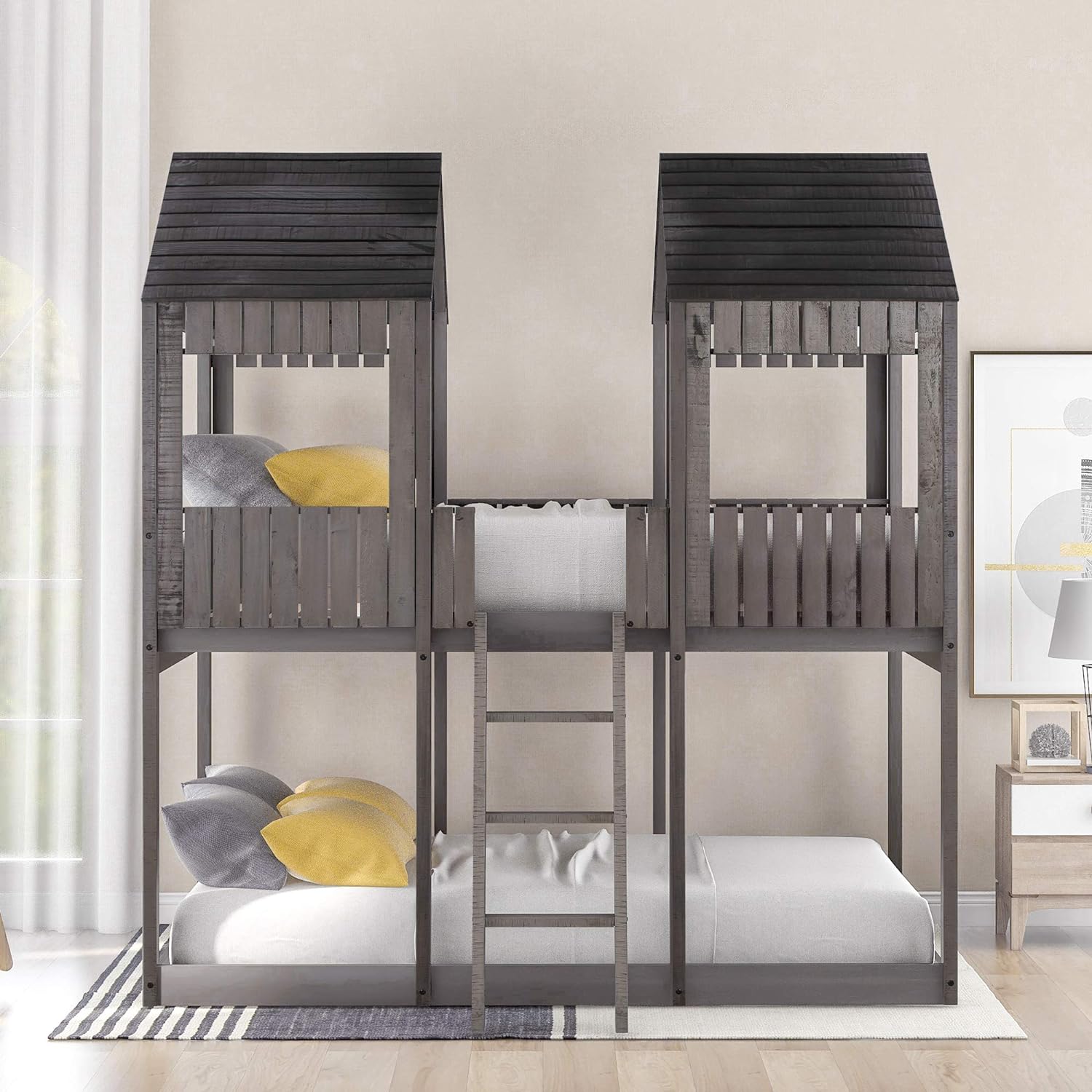Full Over Full Wooden House Bunk Bed with Roof and Guard Rail, Antique Gray X7490