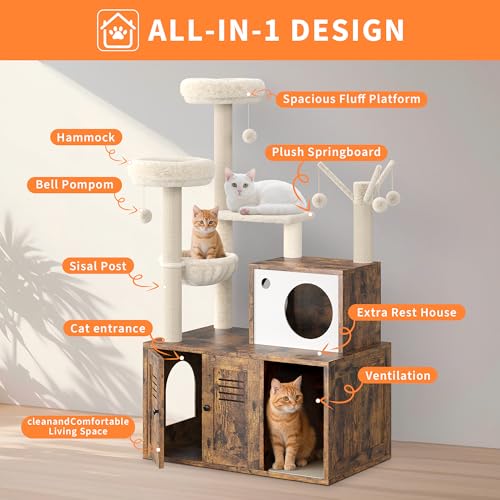 Cat Litter Box Enclosure with Cat Tree Tower, Sisal Scratching Post, Rustic Brown U730