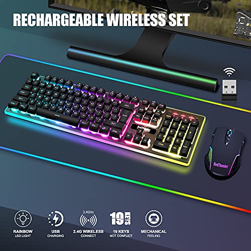 RedThunder K10 Wireless Gaming Keyboard and Mouse Combo, LED Backlit, Rechargeable, for PC Gamer (Black) T1424