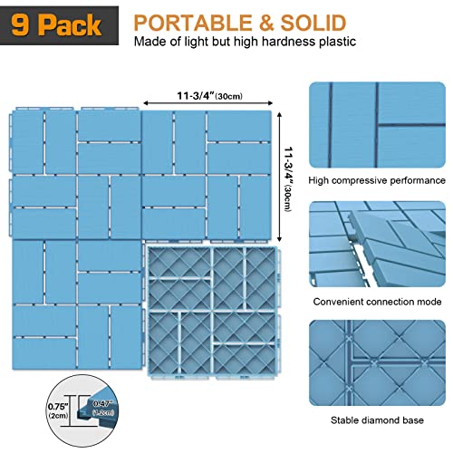 Plastic Interlocking Deck Tiles 12"x12", 9 Pack Outdoor Patio Flooring, Blue N2468