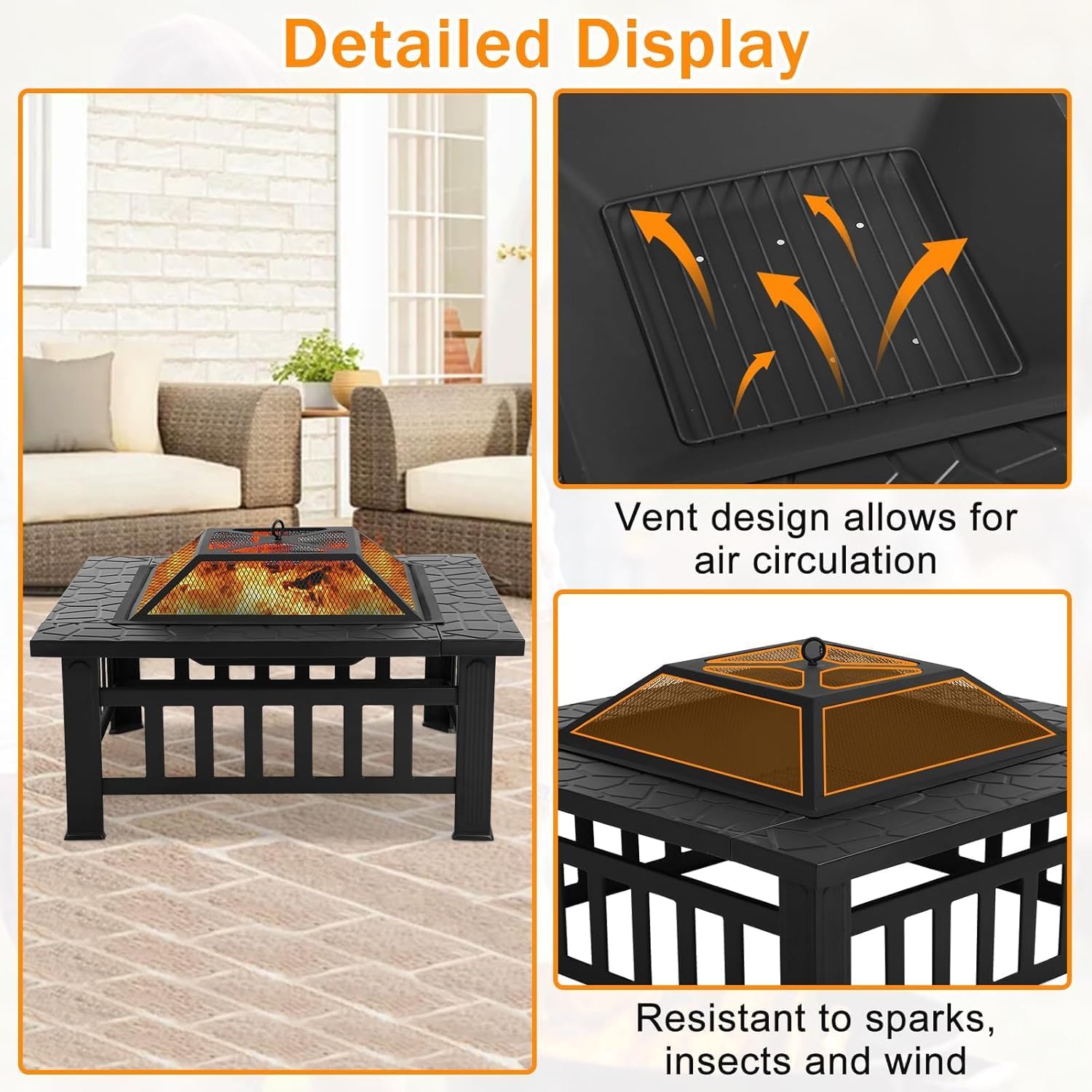 Bigacc Outdoor Fire Pit Wood 32in Square Metal BBQ Firepit Stove, Black P109