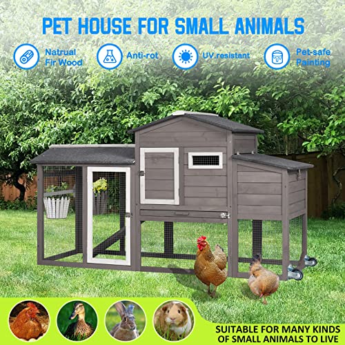 71" Wooden Chicken Coop with Nesting Box and Wheels P66748