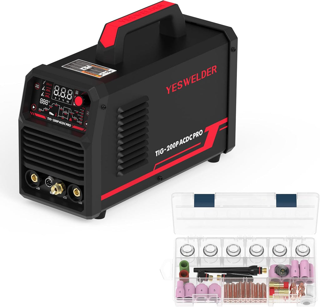 YESWELDER 200A AC/DC Aluminum Tig Welder with Pulse Large LED Display, Digital Inverter STICK/TIG 110/220V Dual Voltage & 71Pcs TIG Welding Torch Stubby Gas Lens #12 Pyrex Glass Cup