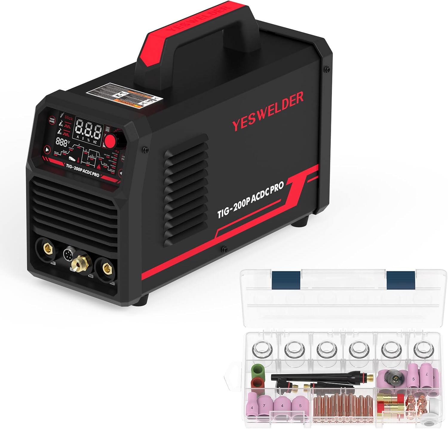 YESWELDER 200A AC/DC Aluminum Tig Welder with Pulse Large LED Display, Digital Inverter STICK/TIG 110/220V Dual Voltage & 71Pcs TIG Welding Torch Stubby Gas Lens #12 Pyrex Glass Cup