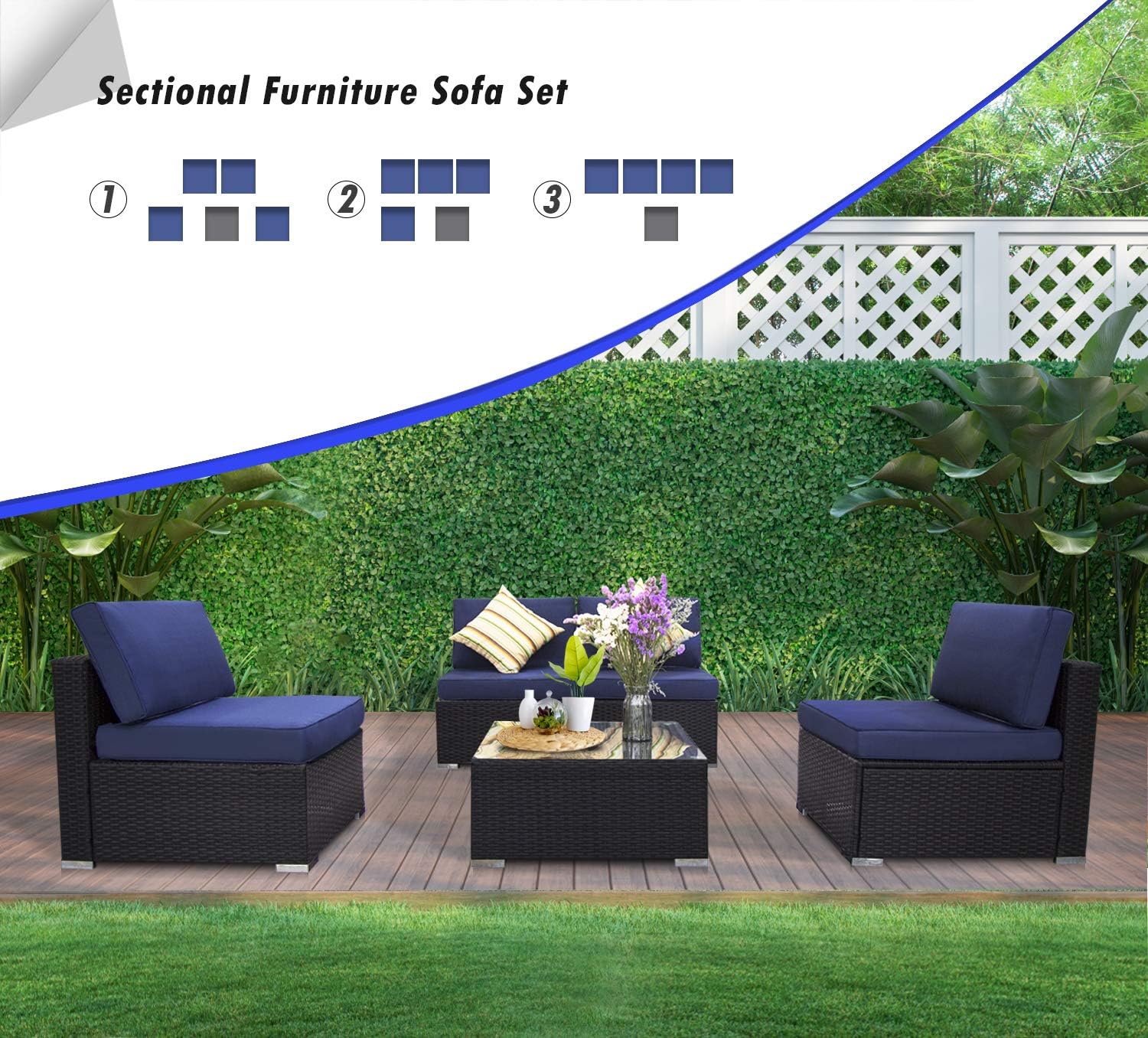 Wicker Patio Furniture Set 5 Piece Outdoor Sectional Rattan Sofa with Cushions and Glass Table L512475