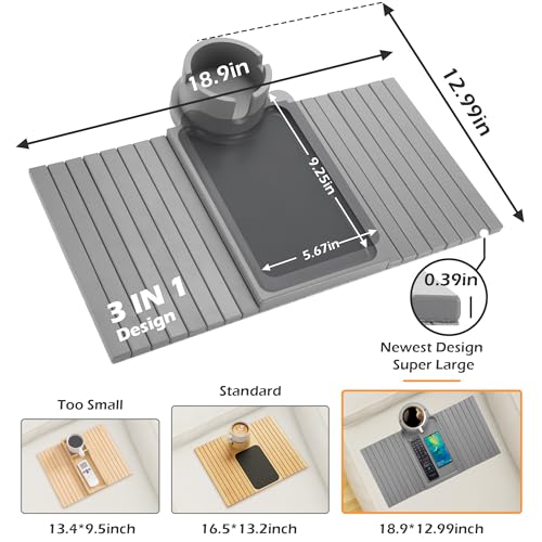 Bamboo Couch Cup Holder Tray with 360° Cup Holder, Removable Anti-Slip Organizer L3348