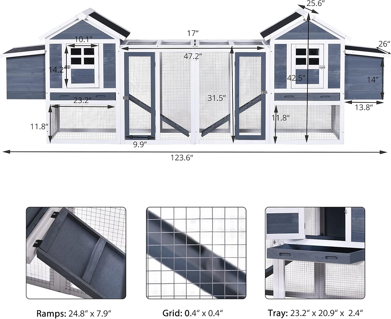 123.6" Wooden Chicken Coop with Nesting Boxes and Run Area G40777