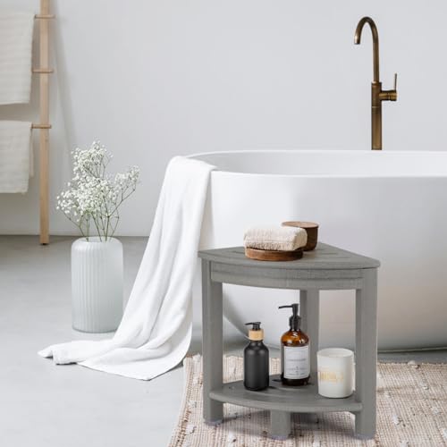 HDPE Corner Shower Stool with Storage Shelf for Bathroom (White) Y87385