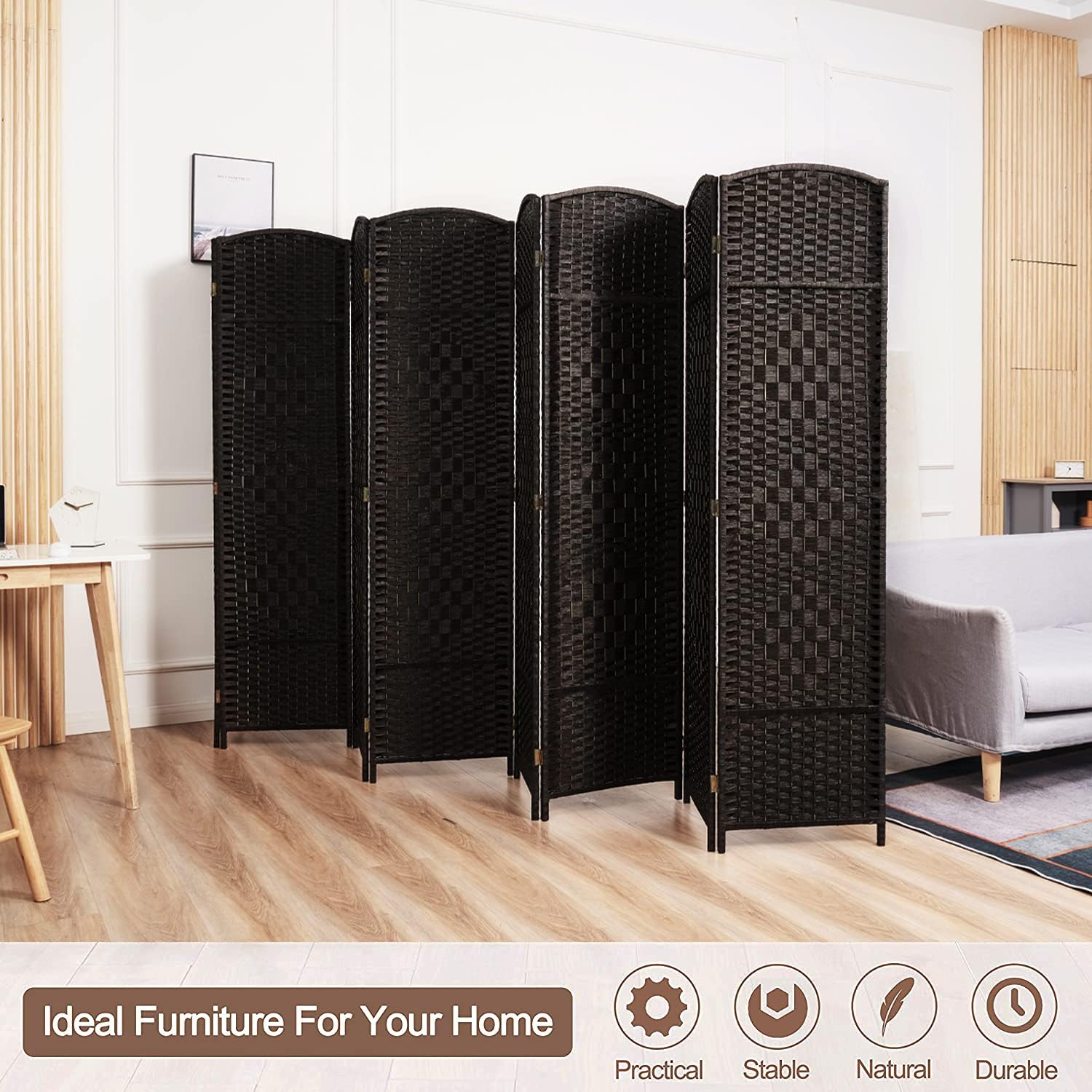 Room Divider 6 ft Tall Folding Privacy Screen Extra Wide Partition Panel Wall Divider Coffee 8-Panel Y925