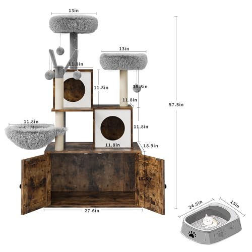 57.5-Inch Cat Tree with Litter Box Enclosure, Oak Brown D61275