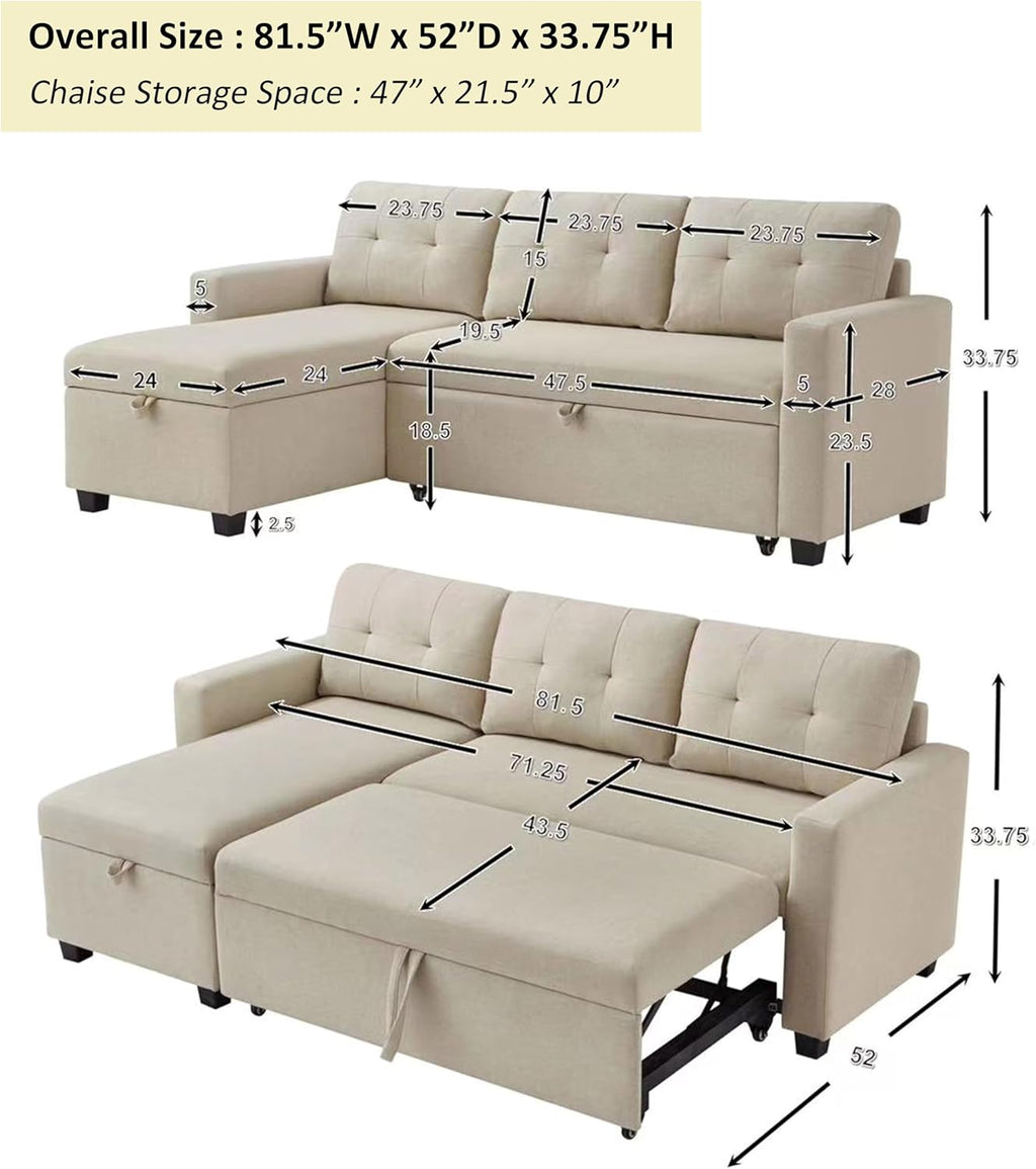 81.5" Convertible Sectional Sofa Sleeper with Storage, Beige E664142
