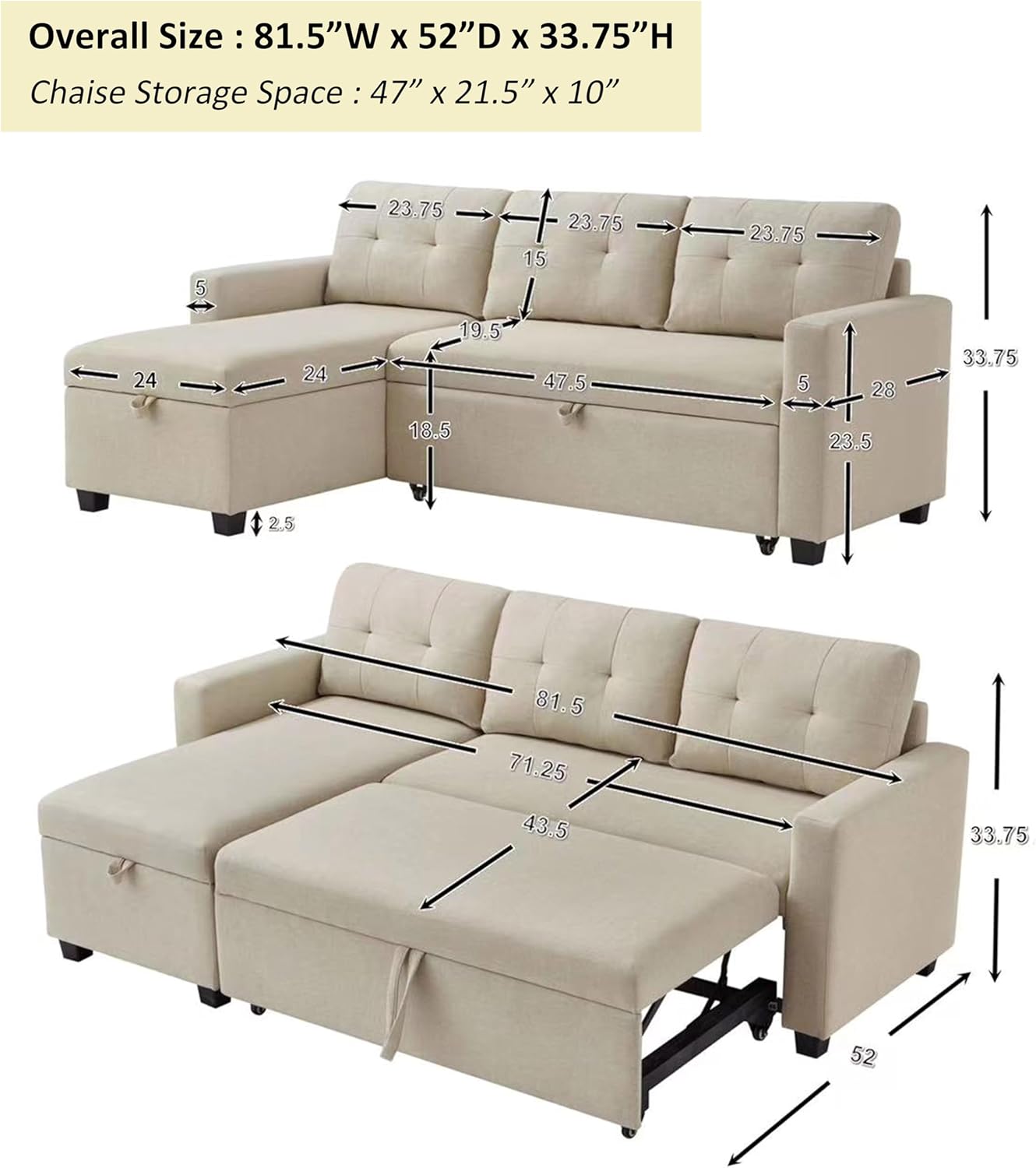 81.5" Convertible Sectional Sofa Sleeper with Storage, Beige E664142