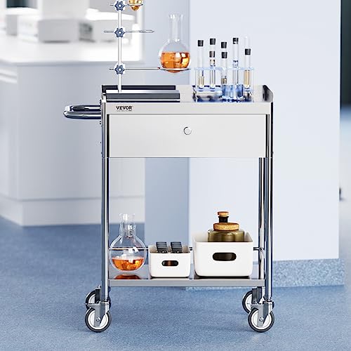 VEVOR Stainless Steel Utility Cart with Wheels, 2 Shelves 1 Drawer L420