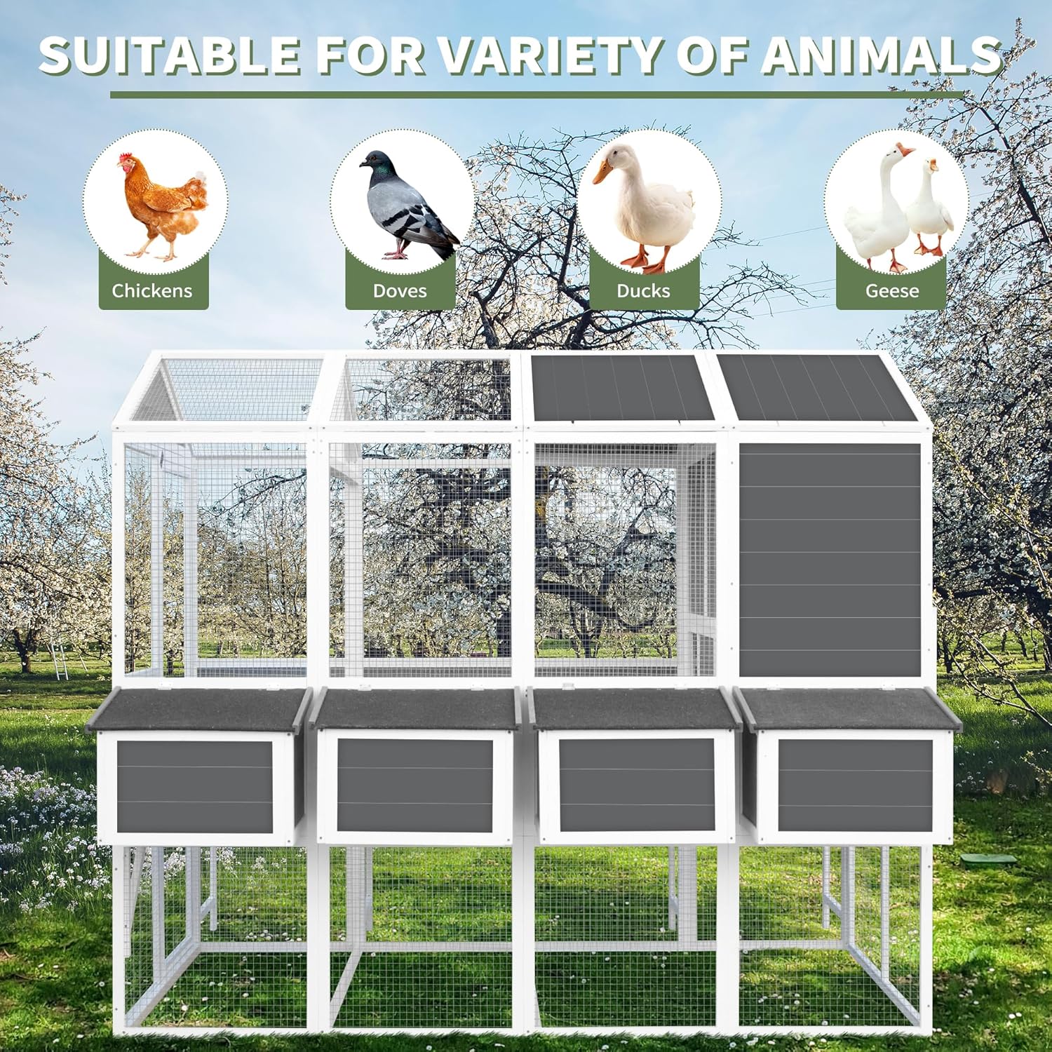 95'' Wooden Walk-in Chicken Coop for 10 Chickens with 4 Nesting Boxes V7048