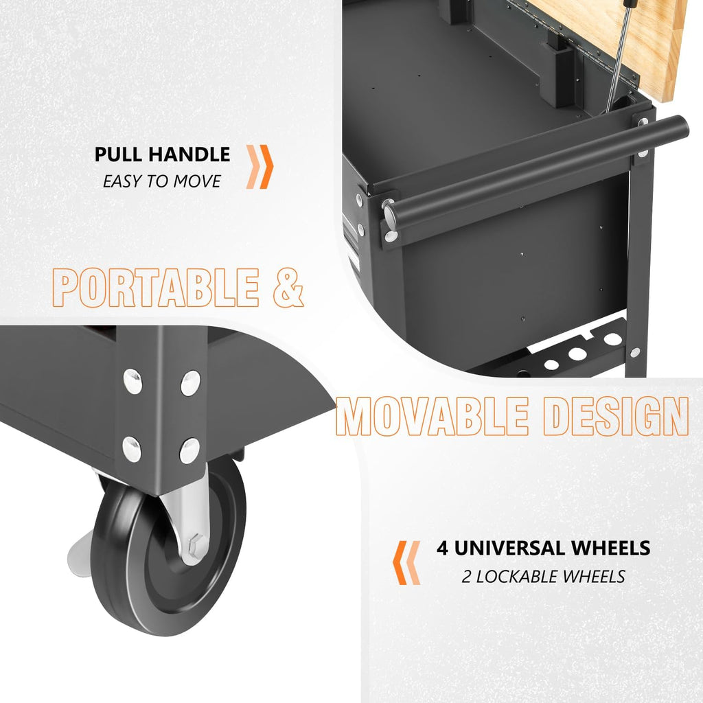 DNA MOTORING 3-Drawer Wood Top Rolling Tool Chest Cabinet with Wheels, Black G951