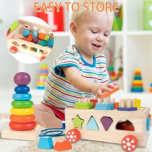 Bravmate Montessori Toys for 1 Year Old, Wooden Shape Sorter Stacking Rings, Pull Along Educational Toy J81872