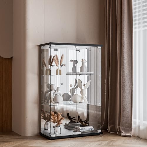 Glass Display Cabinet 4-Shelf 3 Doors with Lock, Black T935070