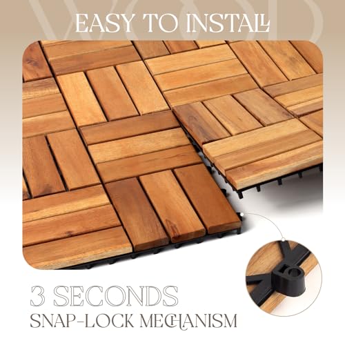 20 Pack Solid Acacia Wood Deck Tiles, Interlocking Outdoor Patio Flooring, 12"x12" Golden Teak Z91235