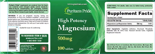 Puritan's Pride Magnesium Tablets, 500mg, 100 Ct Q74524