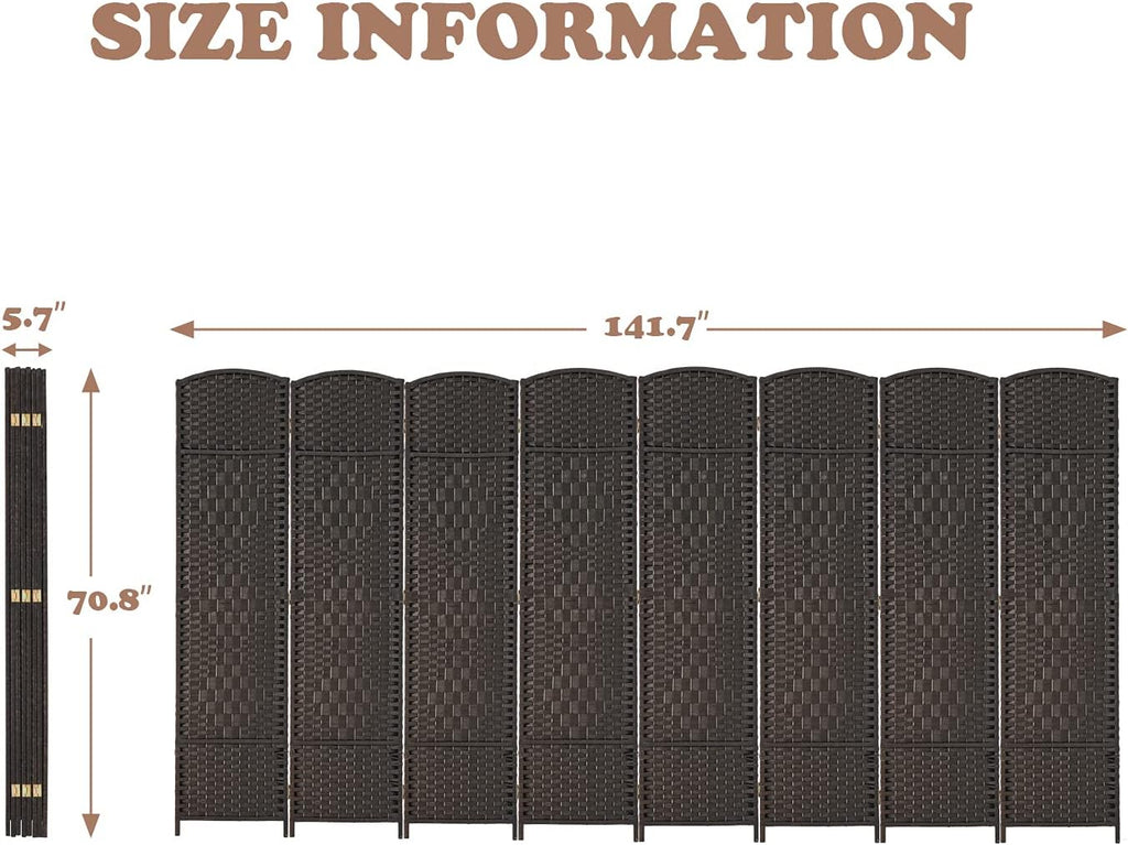 Room Divider 6 ft Tall Folding Privacy Screen Extra Wide Partition Panel Wall Divider Coffee 8-Panel Y925