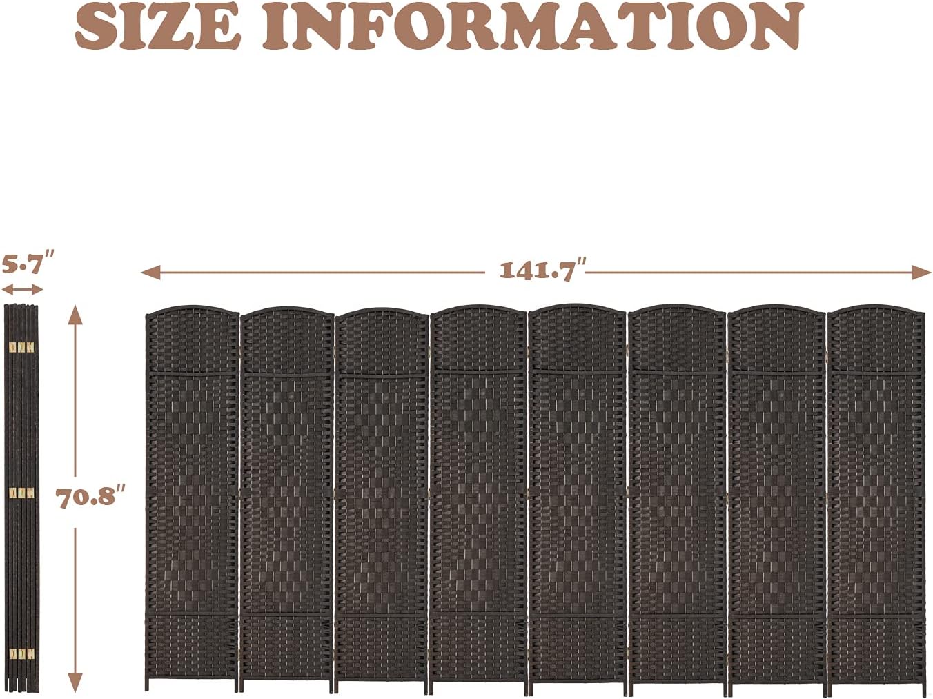 Room Divider 6 ft Tall Folding Privacy Screen Extra Wide Partition Panel Wall Divider Coffee 8-Panel Y925