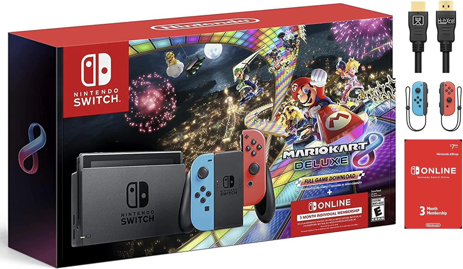 2021 Nintendo Switch Console - Neon Blue and Neon Red Joy-Con, 6.2" Touchscreen LCD Display + Mario Kart 8 Deluxe + 3 Month Switch Online Membership + Hubxcel HDMI Accessories Holiday Bundle (Renewed)