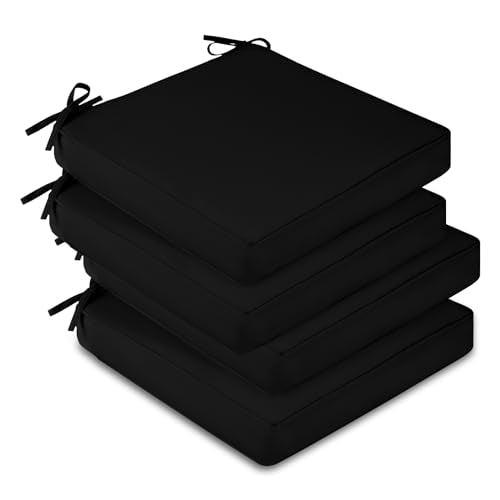 downluxe Waterproof Outdoor Chair Cushions Set of 4, 19" x 19" x 3" Patio Chair Cushion with Non-Slip Ties & Handle, Square Outdoor Cushion for Patio Furniture with Removable Cover, Black